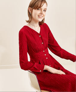V领红色连衣裙女气质简约时髦中长款裙F1997
