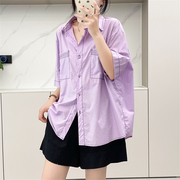 惠衣阁夏季女士棉质短袖衬衫中长款衬衫，韩版宽松休闲衬衫明线衬衣