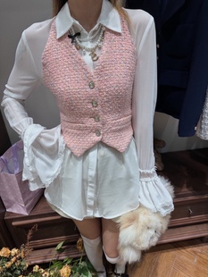 2023女装韩版简约蕾丝雪纺衬衫粉色香香马甲套装