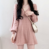 韩国chic优雅显瘦v领麻花纹，收腰修身小个子灯笼，袖针织连衣裙短裙