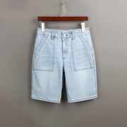 夏季薄款淡蓝色五分裤牛仔裤，女外贸原单大码高腰，显瘦做旧水洗中裤