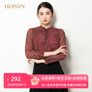 HONRN/红人休闲宽松红色格子印花长袖正肩显瘦衬衫春秋女款上衣