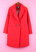 万21DMN596女秋冬季西装领修身单排扣大红色本命年毛呢大衣