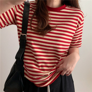 棉柔软圆领条纹T恤女夏季薄款宽松短袖打底衫半袖红条子上衣体恤