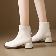 法式小短靴女春秋单靴2023年冬季粗跟白色瘦瘦靴配裙子马丁靴