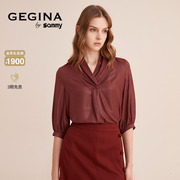 GEGINA吉吉娜2023高级感酒红色V领雪纺衫女士五分袖系带上衣