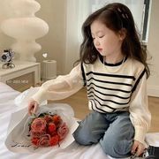 女童拼接假两件条纹针织衫2024年春秋韩版甜美泡泡袖洋气上衣
