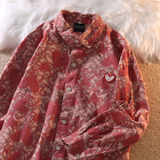 jwneed红色新年衬衫春季流行宽松情侣装外套，ins风设计感上衣
