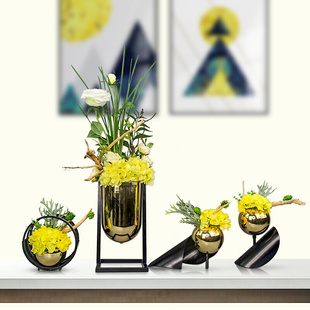 高档轻奢金属花瓶插花套装，摆件北欧现代简约摆设客厅仿真花装饰品
