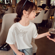 女童短袖t恤夏装2024洋气，儿童网红上衣，小女孩韩版白色打底衫