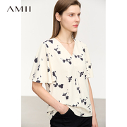 Amii2024夏V领喇叭袖短袖玫瑰印花雪纺衫女高级感法式上衣