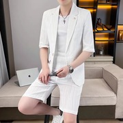 冰丝西服套装男士韩版潮牌高级感条纹短袖短裤休闲七分袖西装外套