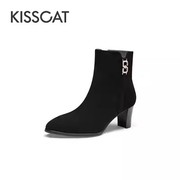 kisscat接吻猫女靴2023冬季羊皮高跟时装，女短靴子ka43719-11