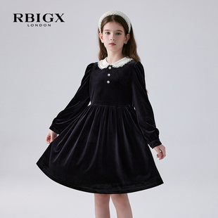 rbigx瑞比克童装中大童礼服，长袖法式优雅风丝绒女童连衣裙