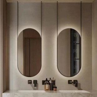 设计师创意吊杆椭圆形镜子，浴室镜天花板吊镜卫生间装饰挂镜吊杆镜