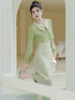 早春女套装复古法式小香风绿色通勤连衣裙显瘦气质，小个子高级感