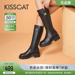 接吻猫春季骑士靴机能长筒靴舒适真皮方头粗高跟时装靴女