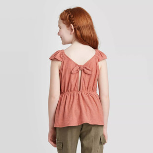 4-18岁澳系女孩女童小飞袖吊带荷叶边上衣t恤背后小心机裙摆式夏