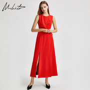 m.hiti无袖长款礼服，h3l098i锡瑅秋季红色，圆领收腰连衣裙