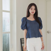 时尚起义韩国甜美优雅爱心领泡泡短袖收腰蓝色罩衫od23050503