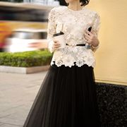 越南小众设计师2023秋季长袖，优雅蕾丝钩花上衣，+小黑半裙1520