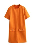 2023欧美风秋女装圆领，橘色短袖宽松绒面连衣裙8637