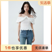 爱客2023年夏季性感气质一字肩短袖衬衫女韩版小众修身罩衫