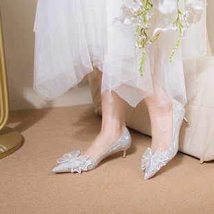 法式水晶亮片银色高跟鞋女夏季宴会伴娘鞋婚鞋新娘主婚纱水钻中跟