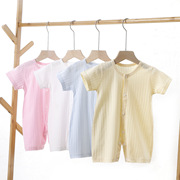 新生婴儿连体衣0-2岁1纯色短袖，爬服纯棉夏季薄款3透气儿童衣服6月