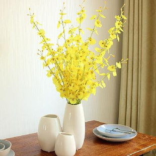 跳舞兰黄色真花艺套装插花装饰摆件创意摆饰软装花卉三件套花瓶。