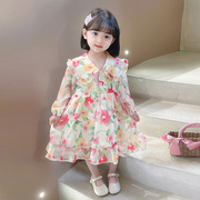 韩国女童公主裙超仙春秋款，2024长袖雪纺长裙娃娃领碎花连衣裙