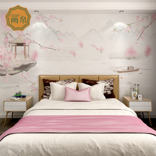 新中式水墨山水电视背景墙壁纸古风，床头卧室墙布，壁画墙纸定制来图