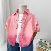 男童粉色衬衫夏季儿童纯棉短袖，薄衬衣2023洋气中小童半袖上衣