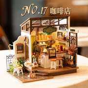 rolife若来咖啡店diy小屋手工小房子木质拼装模型，积木圣诞节礼物