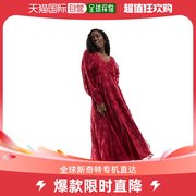 香港直邮潮奢asos女士设计烧焦感蝙蝠袖，v领系扣红色连衣裙
