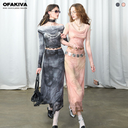 OfAkiva“谧”网纱原创印花拼接蕾丝不规则裙摆套装