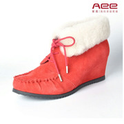 dulala真牛皮保暖短靴女红色坡跟雪地靴短靴毛毛靴240510033