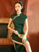 改良版旗袍少女新式复古时尚中国风，绿色连衣裙短款夏季日常生活装