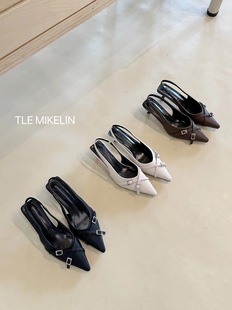 tlemikelin韩版尖头交叉带扣带细跟中跟单鞋法式气质职业包头凉鞋