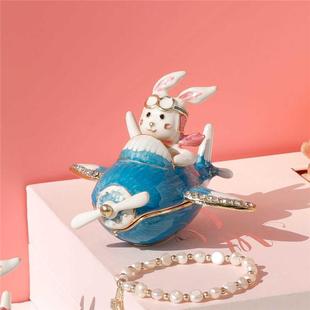 蓝色飞机兔子首饰盒小摆件创意珠宝收纳盒珐琅饰品礼物精致盒