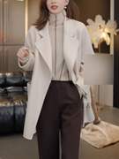 韩版高级感米白色大衣女中长款2023年高端秋冬季时尚外套女装