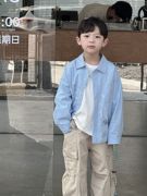 儿童衬衣男童2024春季韩版涂鸦印花衬衫，男孩蓝色棉布翻领上衣