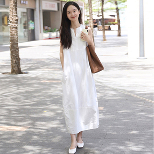 白色衬衫女2024年夏季背心裙复古无袖衬衣宽松艺术气质长款连衣裙