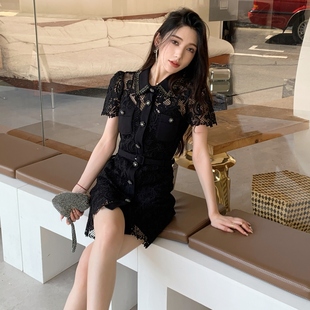 独特连衣裙超好看高级感时尚气质黑色蕾丝短款裙子女秋季2023