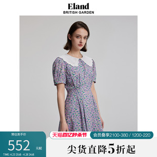 eland衣恋连衣裙夏季小清新碎花大翻领，收腰显瘦连衣裙女