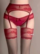 性感吊带蕾丝一体红边丝袜，女春秋薄款红色，长筒纯欲红边高筒吊带袜