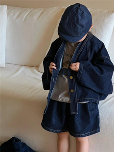 韩国童装秋季 男女儿童洋气韩版蝙蝠袖深色牛仔外套+短裤套装