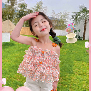 韩版女童无袖娃娃衫宝宝，花边短裤夏装，雪纺洋气夏季儿童上衣吊带潮