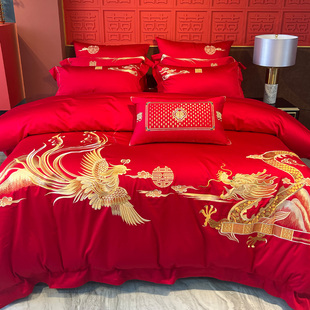 中式婚庆床上四件套纯棉100s长绒棉，龙凤刺绣红色结婚被套床单