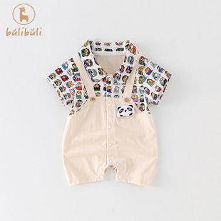 韩版婴儿夏装衣服男宝宝假两件可爱小熊猫短袖连体衣夏季薄款哈衣